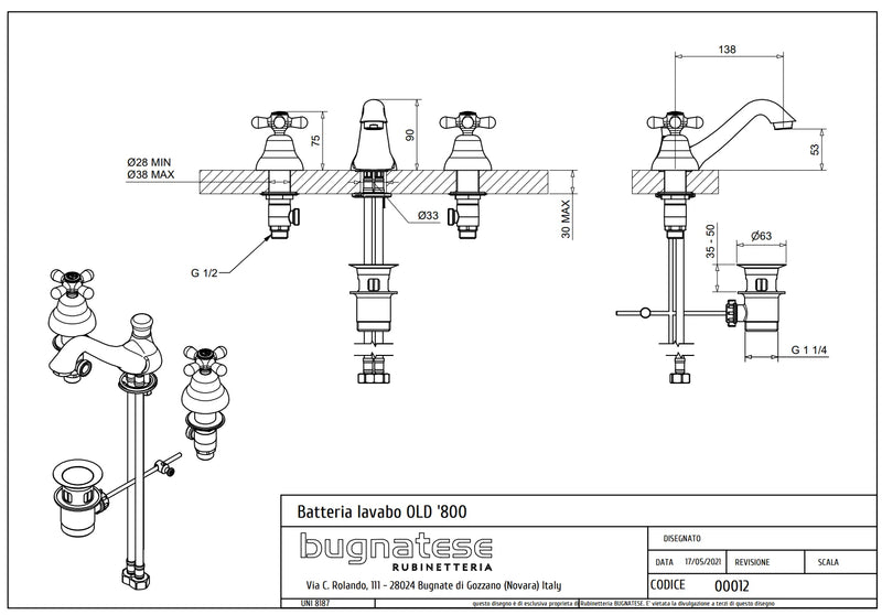 Technical Drawing for Bugnatese, Old' 800, Álló 3 üléses mosdócsaptelep leeresztővel – Fürdő – 012