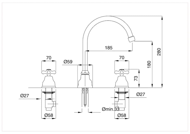 Technical Drawing for Bugnatese, Old' 800, Magas álló 3 üléses mosdócsaptelep leeresztővel – Fürdő – 017