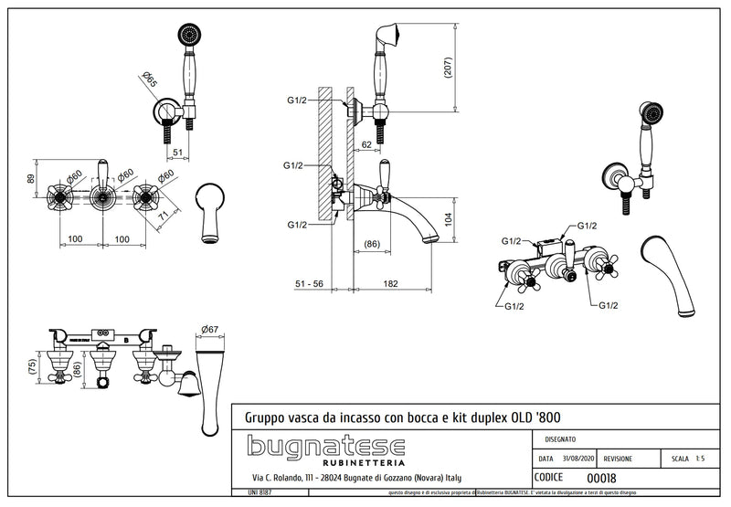 Technical Drawing for Bugnatese, Old' 800, Fal alatti váltós csaptelep kifolyóval és zuhanyszettel – Fürdő – 018