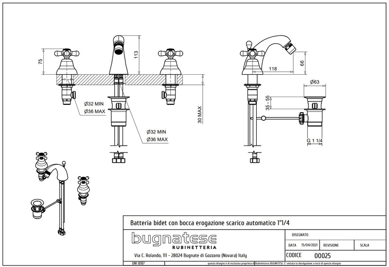 Technical Drawing for Bugnatese, Old' 800,  Álló 3 üléses bidé csaptelep kifolyóval – Fürdő – 025