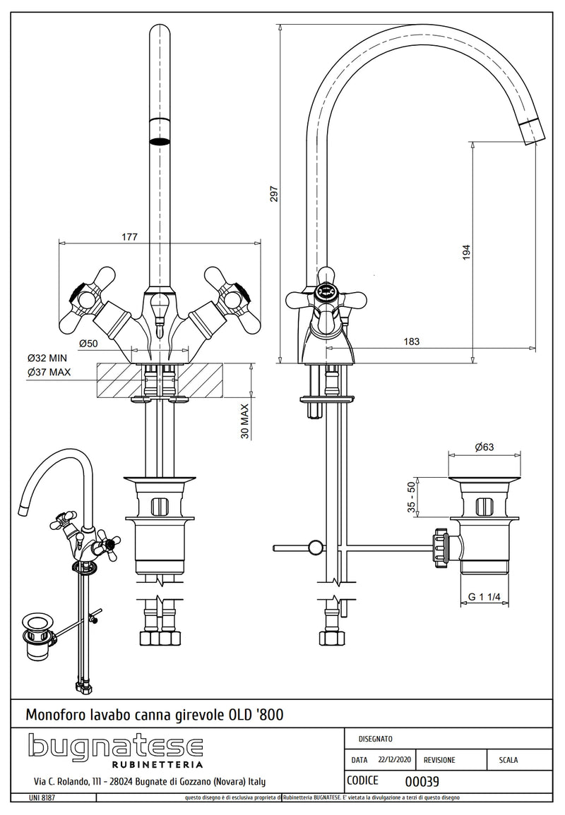 Technical Drawing for Bugnatese, Old' 800, Magas mosdócsaptelep leeresztővel – Fürdő – 039