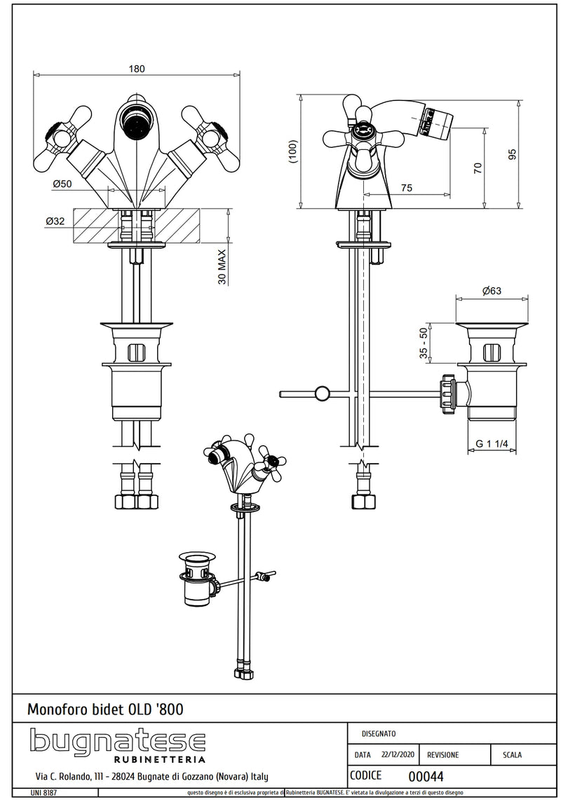 Technical Drawing for Bugnatese, Old' 800,  Bidé csaptelep leeresztővel – Fürdő – 044