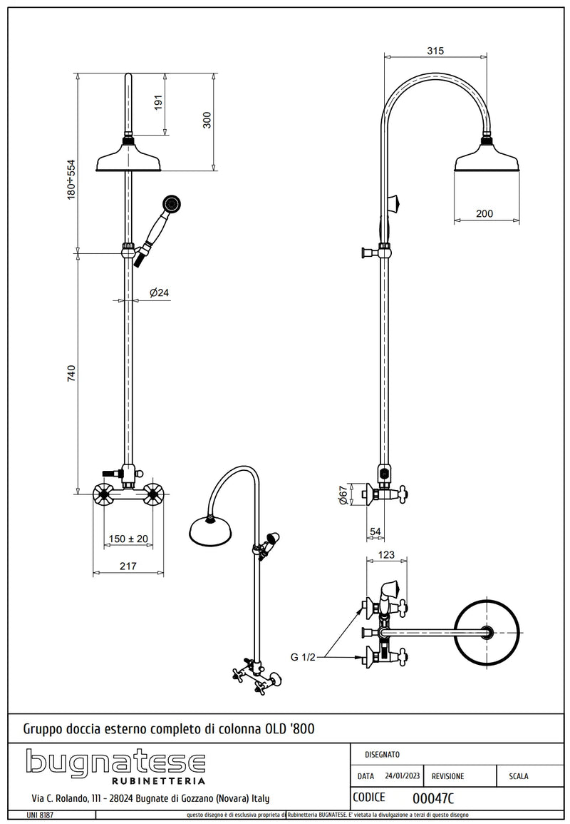 Technical Drawing for Bugnatese, Old' 800, Esőztető rendszer fej- és kézizuhannyal – Fürdő – 047C