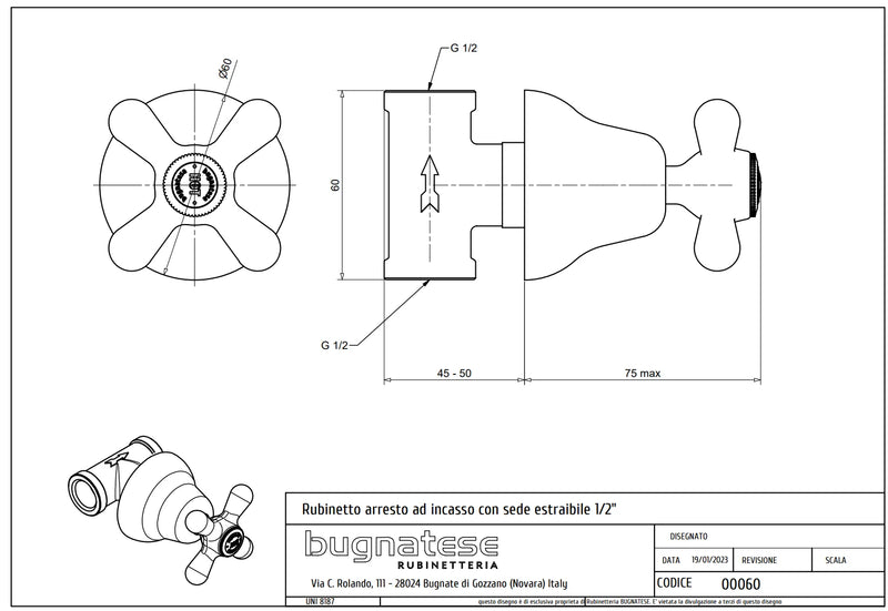 Technical Drawing for Bugnatese, Old' 800, Csempeszelep 1/2″ csatlakozással – Fürdő – 060