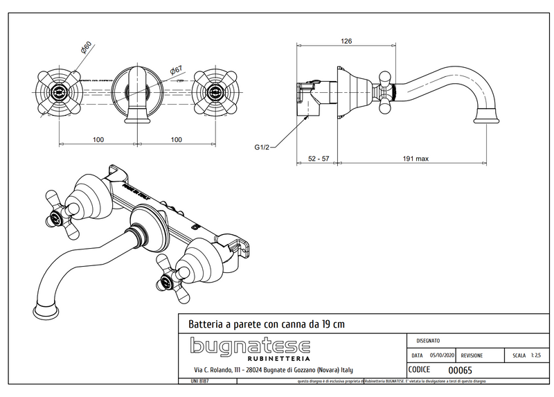 Technical Drawing for Bugnatese, Klasszikus, Fal alatti mosdócsaptelep leeresztővel – Fürdő – 065SC