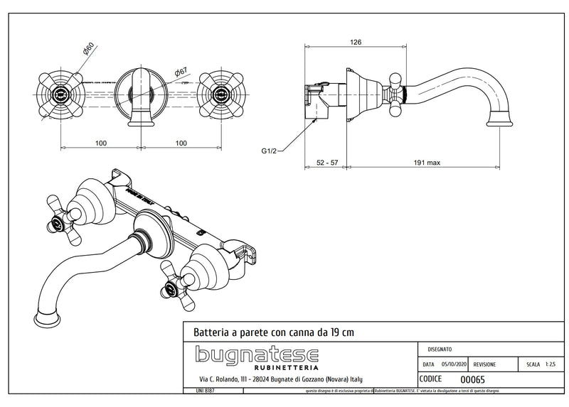 Technical Drawing for Bugnatese, Klasszikus, Fal alatti mosdócsaptelep leeresztővel – Fürdő – 065SC