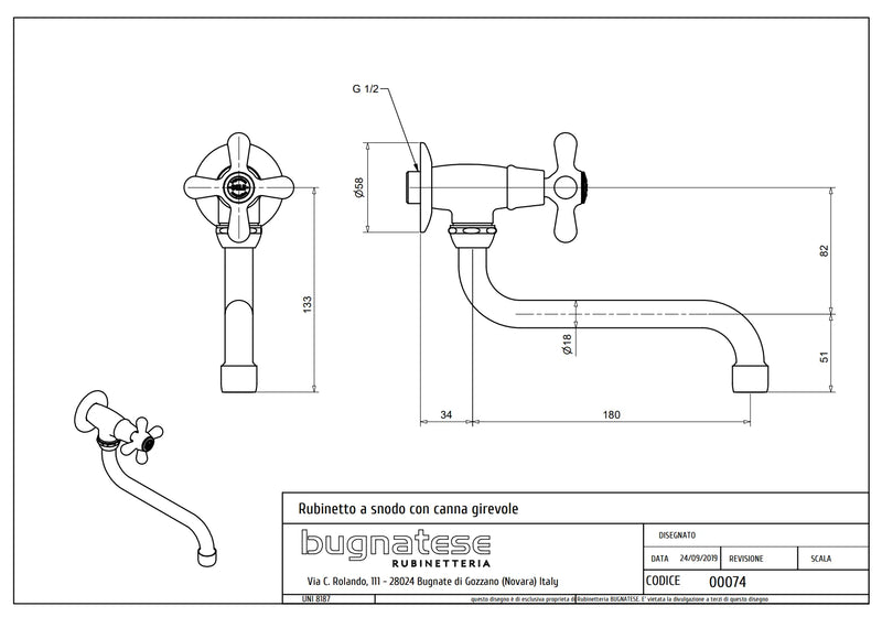 Technical Drawing for Bugnatese, Old'800 , Fali hidegvizes csaptelep lengő szárral – Fürdő – 074