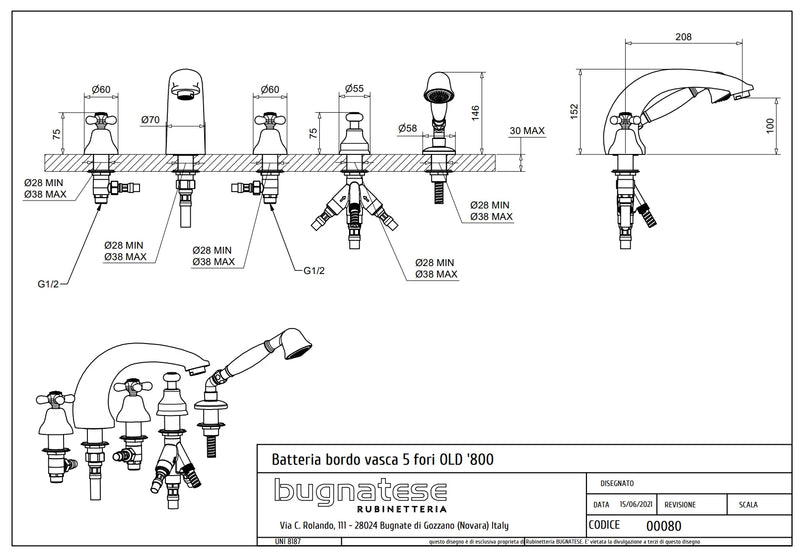 Technical Drawing for Bugnatese, Old' 800, Peremre szerelt 5 üléses kádcsaptelep – Fürdő – 080