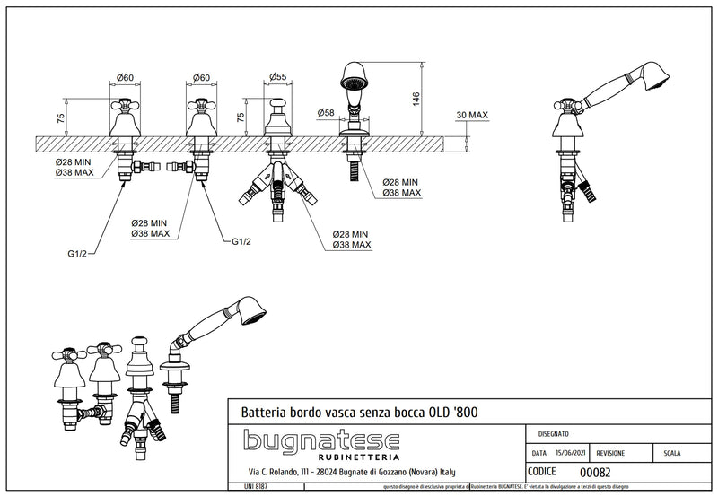 Technical Drawing for Bugnatese, Old' 800, Peremre szerelt 4 üléses kádcsaptelep kifolyó nélkül – Fürdő – 082