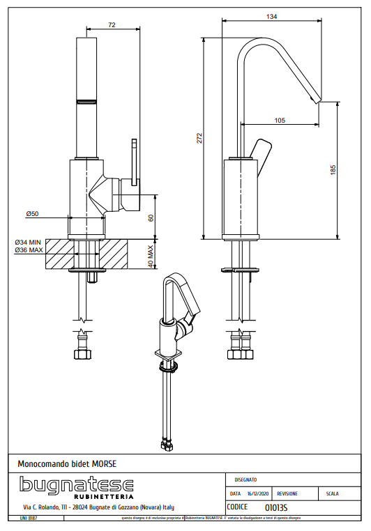 Technical Drawing for Bugnatese, Morse mosdó csaptelep leeresztő nélkül– Fürdő – 1013S