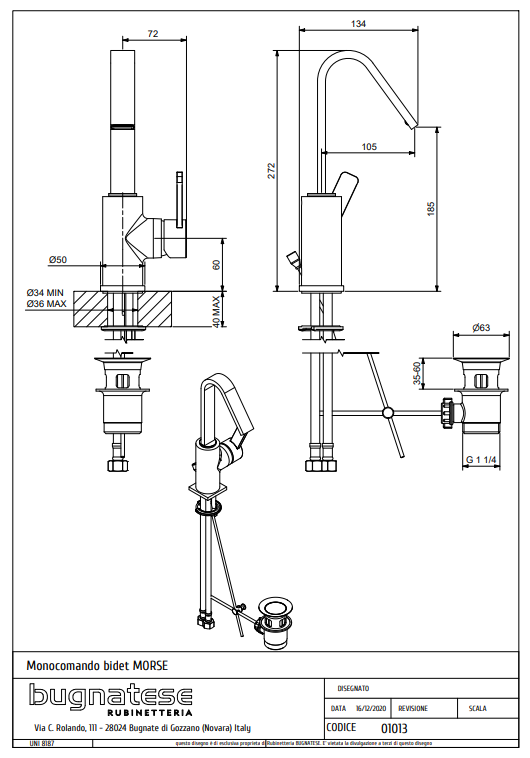 Technical Drawing for Bugnatese, Morse mosdó csaptelep leeresztővel – Fürdő – 1013