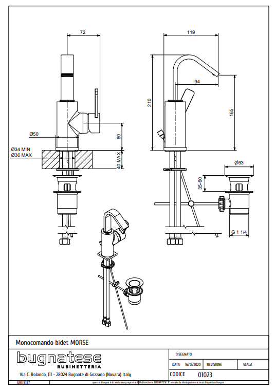 Technical Drawing for Bugnatese, Bidé csaptelep leeresztővel - Fürdő - 1023