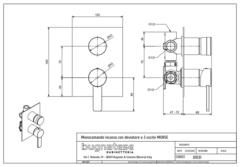 Technical Drawing for Bugnatese, Fal alatti 3 állású zuhanycsaptelep - Fürdő - 1031