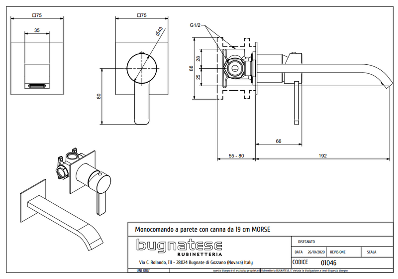 Technical Drawing for Bugnatese, Modern, Fal alatti mosdócsaptelep beépítő egységgel – Fürdő – 1046SC