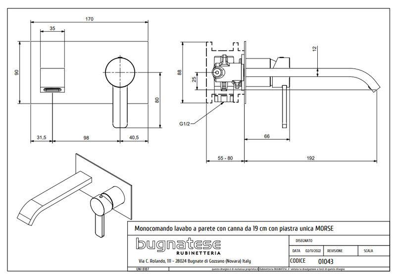 Technical Drawing for Bugnatese, Modern, Fal alatti mosdócsaptelep beépítő egységgel – Fürdő – 1047SC