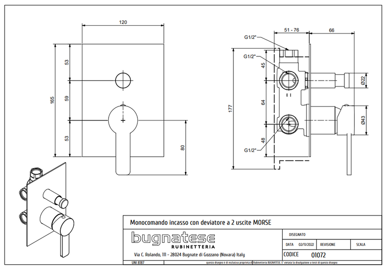 Technical Drawing for Bugnatese, Fal alatti váltós zuhanycsaptelep - Fürdő - 1072