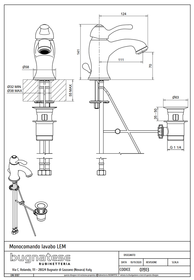 Technical Drawing for Bugnatese, Lem,  Mosdócsaptelep leeresztővel – Fürdő – 1913