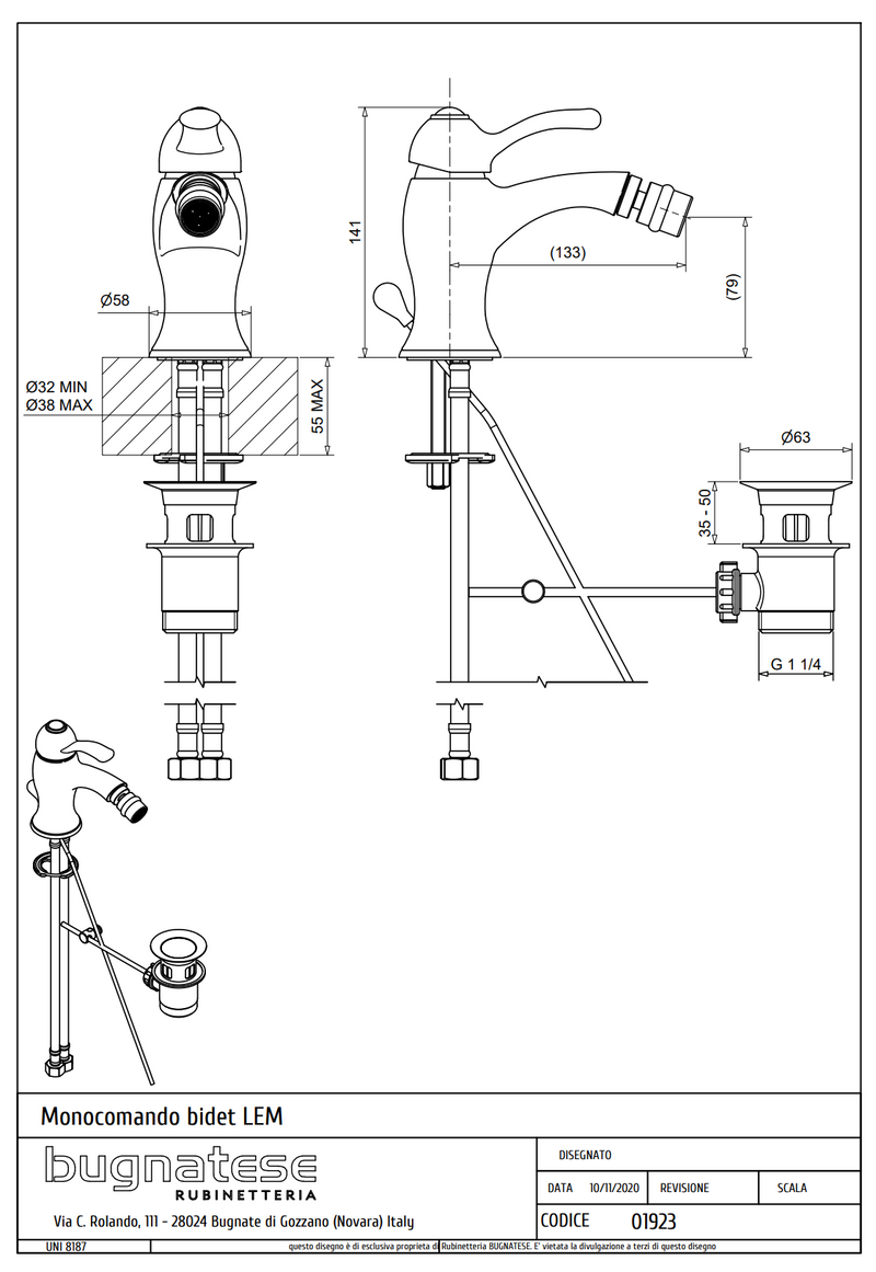 Technical Drawing for Bugnatese, Lem,   Bidet csaptelep leeresztővel  – Fürdő – 1923