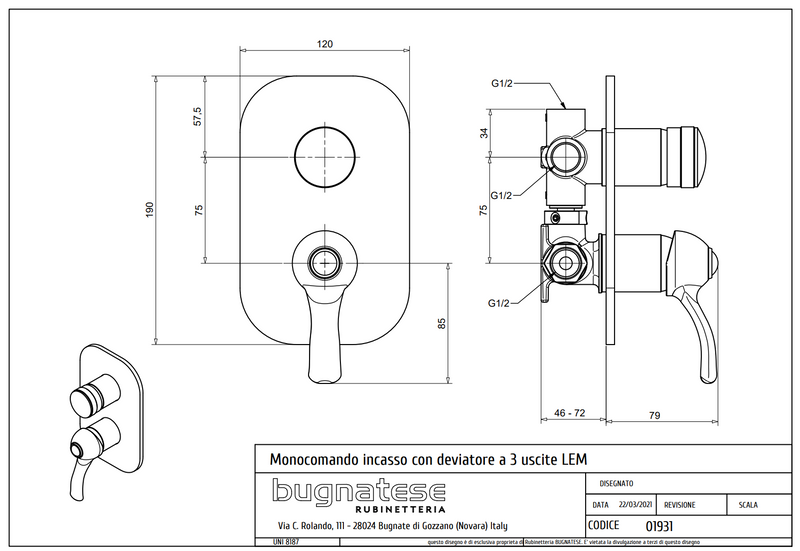 Technical Drawing for Bugnatese, Lem, Fal alatti 3 állású zuhanycsaptelep – Fürdő – 1931