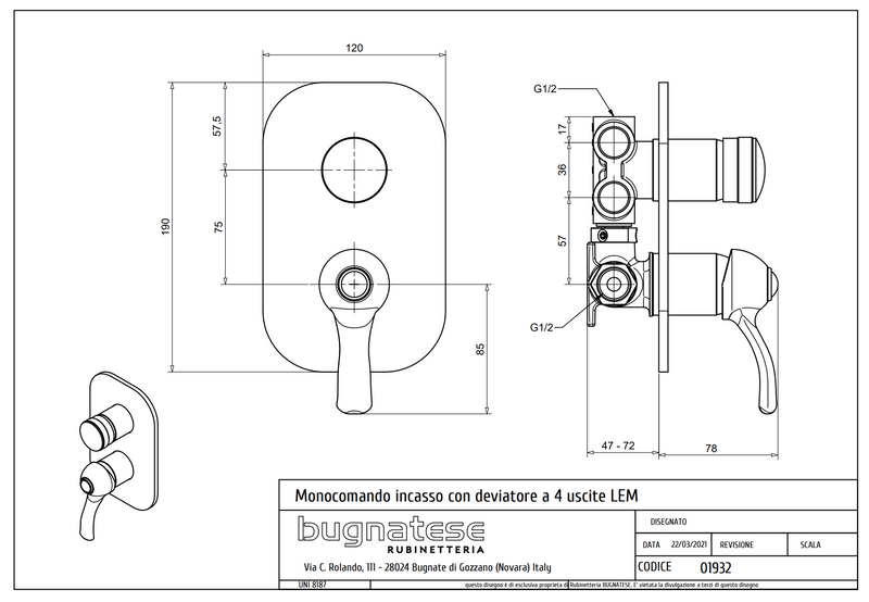 Technical Drawing for Bugnatese, Lem, Fal alatti 4 állású zuhanycsaptelep – Fürdő – 1932