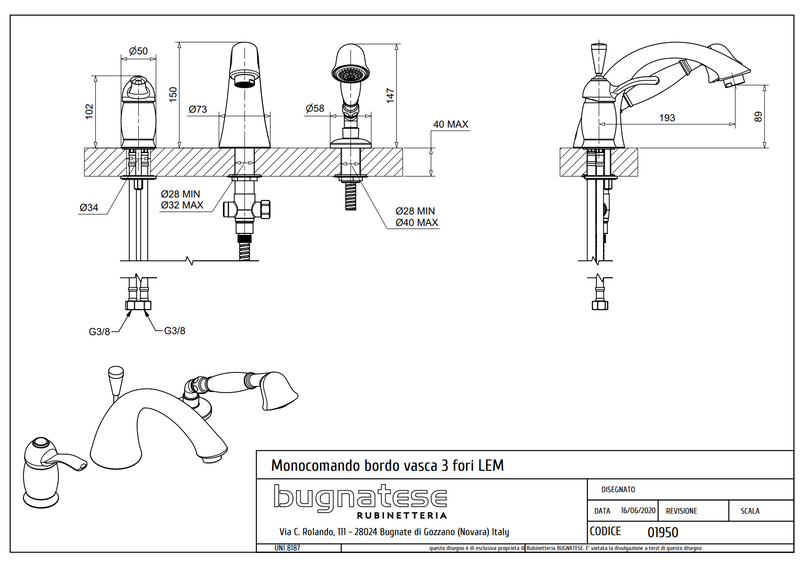 Technical Drawing for Bugnatese, Lem, Peremre szerelt 3 üléses kádcsaptelep– Fürdő – 1950
