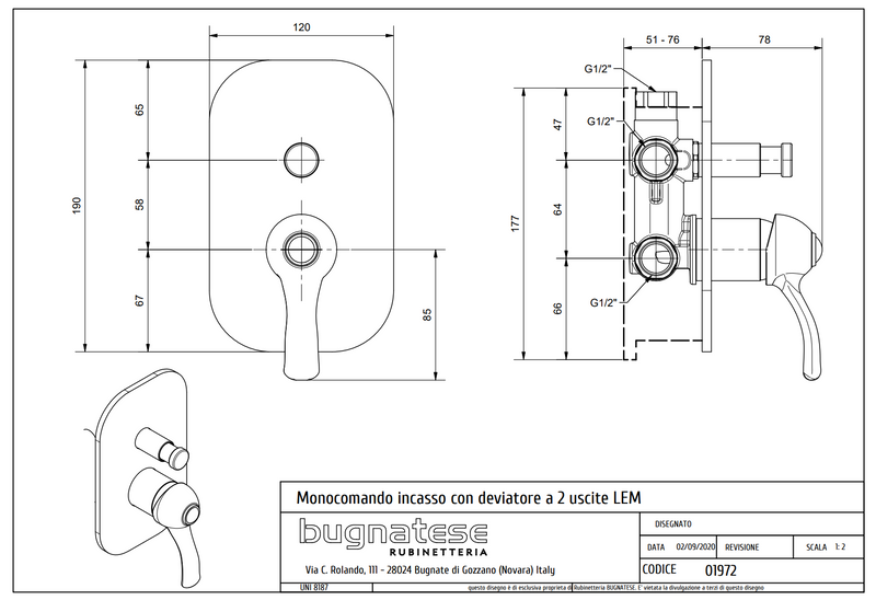 Technical Drawing for Bugnatese, Lem, Fal alatti váltós zuhany csaptelep – Fürdő – 1972