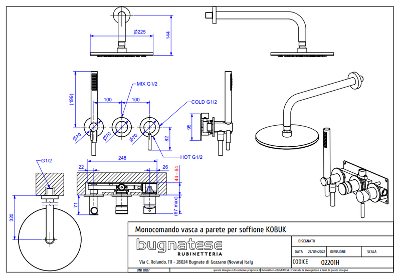 Technical Drawing for Bugnatese, Kobuk Fal alatti zuhanycsaptelep kézizuhannyal és esőztetőfejjel – Fürdő – 2201H