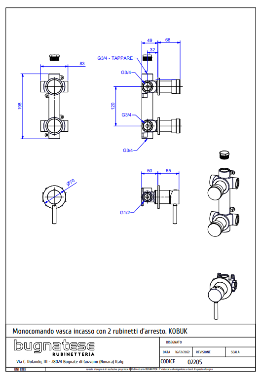 Technical Drawing for Bugnatese, Kobuk Fal alatti 2 állású zuhanyváltó csempeszeleppel - Fürdő - 2205
