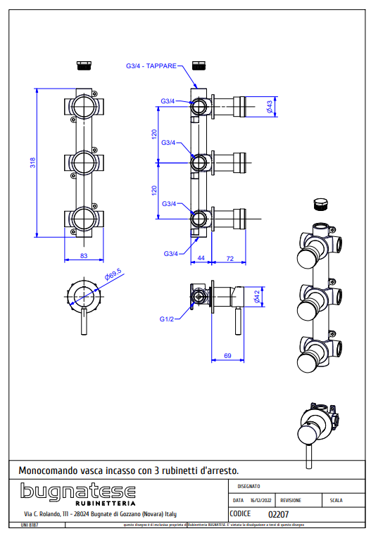 Technical Drawing for Bugnatese, Kobuk Fal alatti 3 állású zuhanycsaptelep - Fürdő - 2207