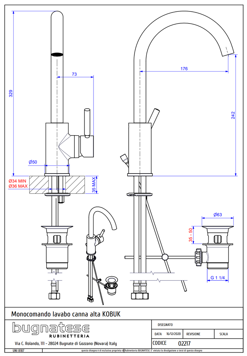 Technical Drawing for Bugnatese, Kobuk , Magasított mosdó csaptelep gyári leeresztővel-  Fürdő – 2217