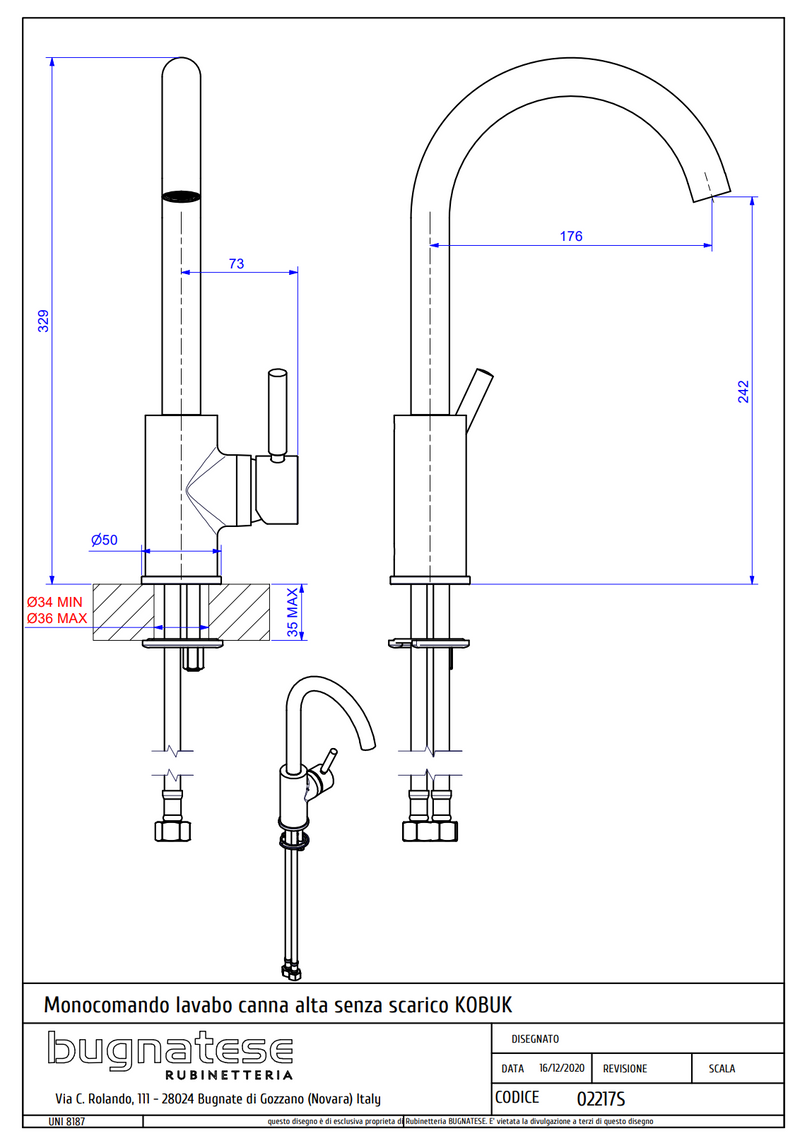 Technical Drawing for Bugnatese, Kobuk , Magasított mosdó csaptelep klikk-klakk leeresztő -  Fürdő – 2217SC