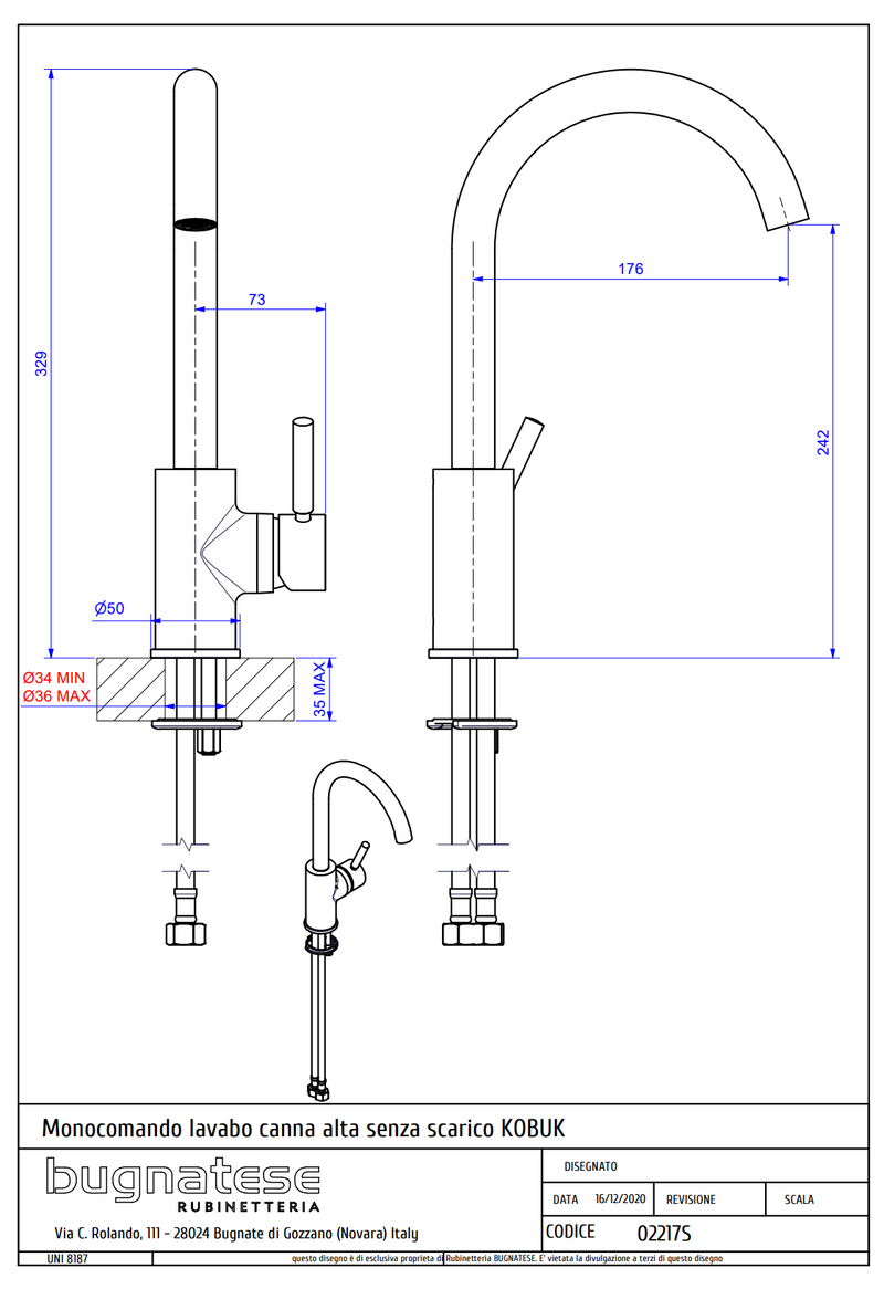 Technical Drawing for Bugnatese, Kobuk , Magasított mosdó leeresztő nélkül-  Fürdő – 2217S