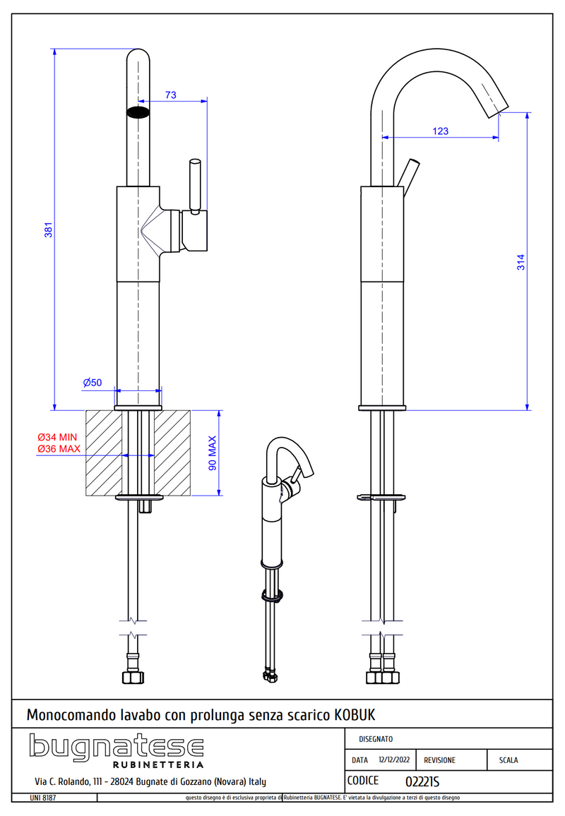 Technical Drawing for Bugnatese, Kobuk , Magasított mosdócsaptelepklikk-klakk leeresztővel- Fürdő – 2221SC