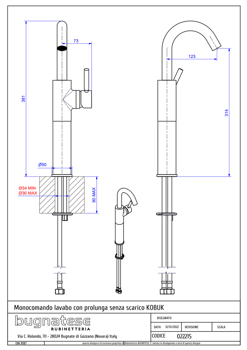 Technical Drawing for Bugnatese, Kobuk , Magasított mosdócsaptelep leeresztő nélkül - Fürdő – 2221S