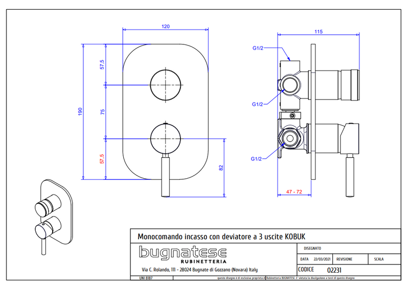 Technical Drawing for Bugnatese, Kobuk Fal alatti 3 állású zuhanycsaptelep - Fürdő - 2231