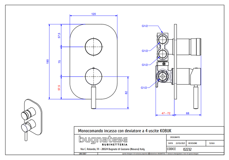 Technical Drawing for Bugnatese, Kobuk Fal alatti 4 állású zuhanycsaptelep - Fürdő - 2232