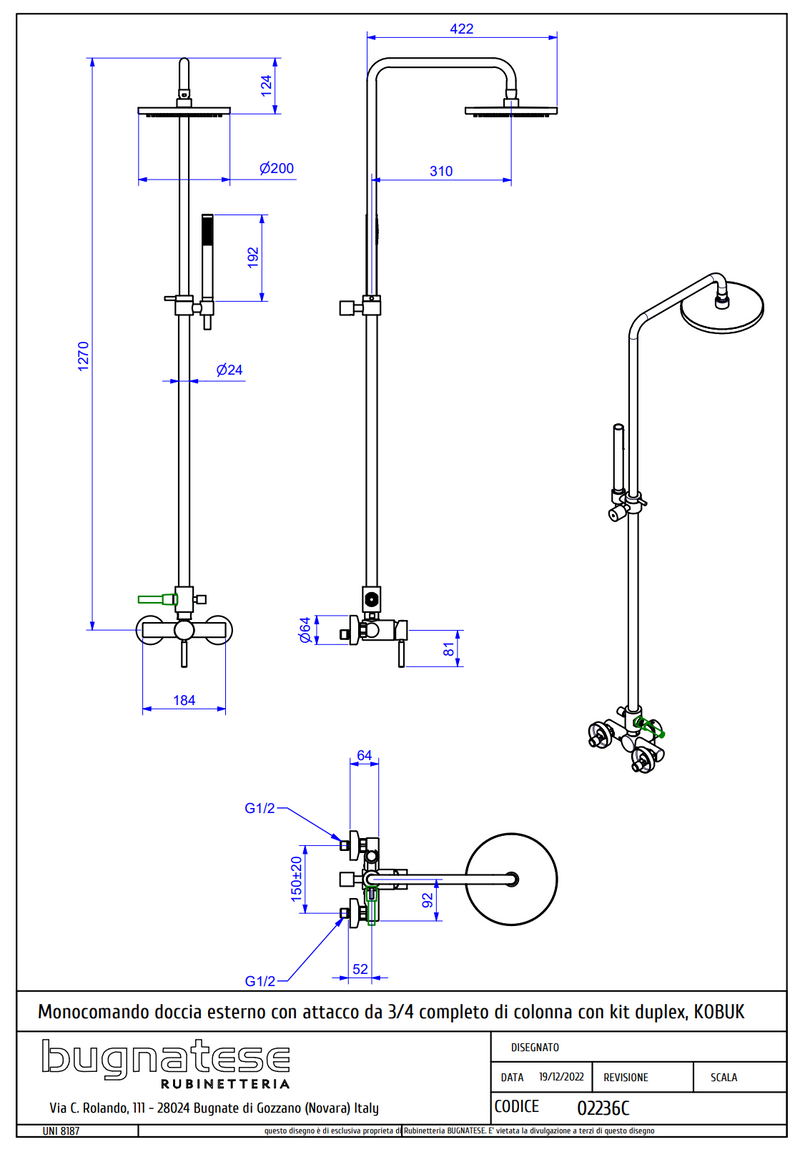 Technical Drawing for Bugnatese, KOBUK Esőztető rendszer fej- és kézi zuhannyal- Fürdő - 2236C