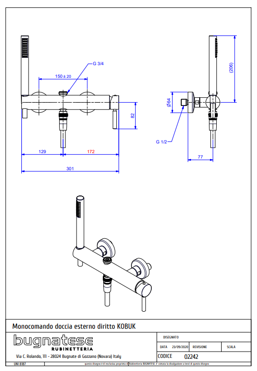 Technical Drawing for Bugnatese, Kobuk Zuhanycsaptelep 3/4″ csatlakozással zuhanyszettel- Fürdő - 2242