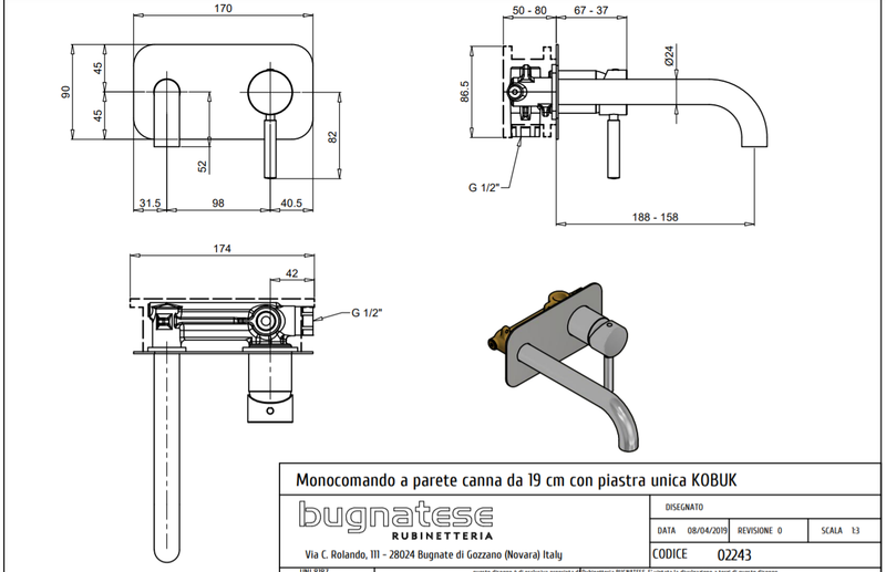 Technical Drawing for Bugnatese, Kobuk Modern, Fal alatti mosdócsaptelep beépítő egységgel – Fürdő – 2243