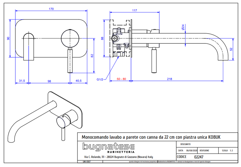Technical Drawing for Bugnatese, Modern, Fal alatti mosdócsaptelep beépítő egységgel – Fürdő – 2247SC