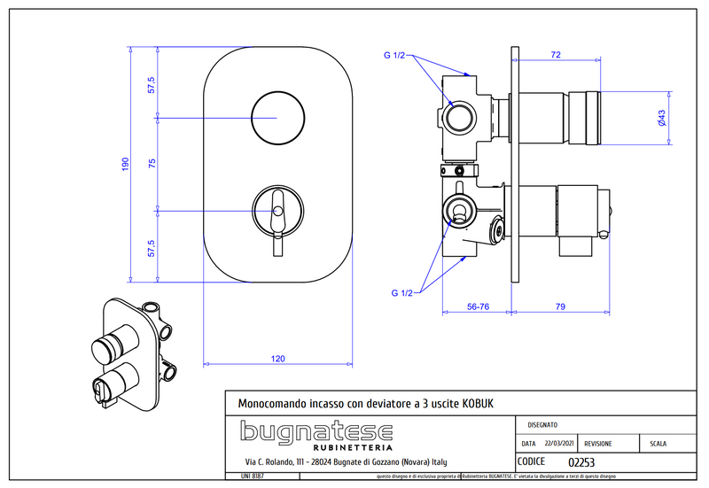 Technical Drawing for Bugnatese, Kobuk termosztátos fal alatti 3 állású zuhanycsaptelep - Fürdő - 2253