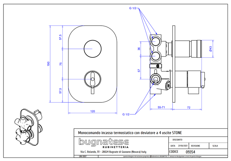 Technical Drawing for Bugnatese, Kobuk termosztátos fal alatti 4 állású zuhanycsaptelep - Fürdő - 2254