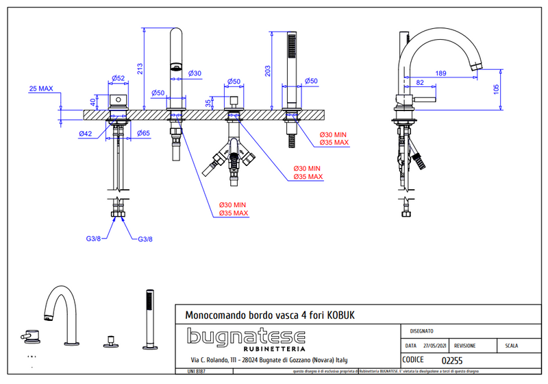 Technical Drawing for Bugnatese, Kobuk Peremre szerelt 4 üléses kádcsaptelep– Fürdő – 2255