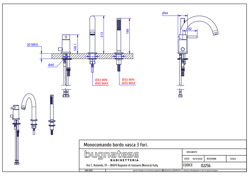 Technical Drawing for Bugnatese, Kobuk Peremre szerelt 3 üléses kádcsaptelep– Fürdő – 2256