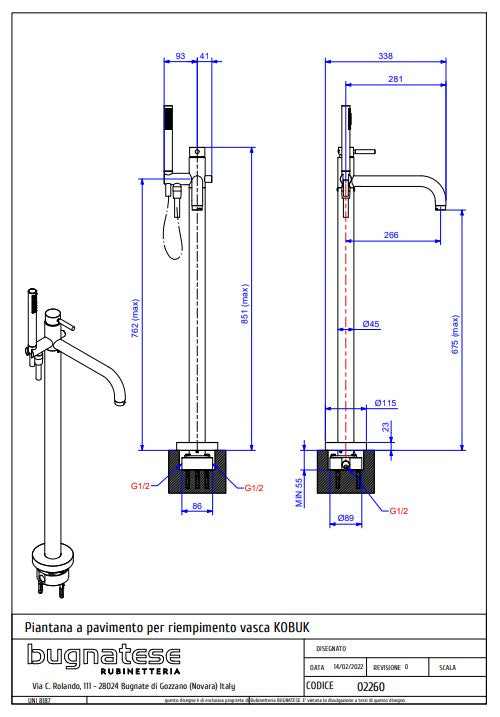 Technical Drawing for Bugnatese, Modern, Szabadonálló kádcsaptelep beépítő egységgel – Fürdő – 2260