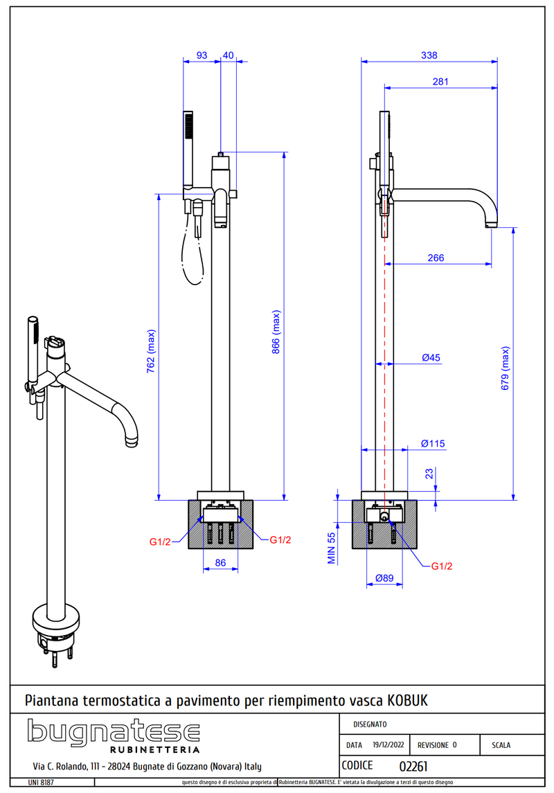 Technical Drawing for Bugnatese,KOBUK Termosztátos szabadon álló kádcsaptelep – Fürdő – 2261