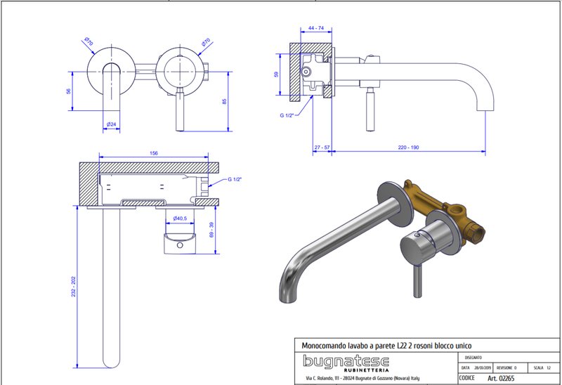 Technical Drawing for Bugnatese, Modern, Fal alatti mosdócsaptelep beépítő egységgel – Fürdő – 2265SC