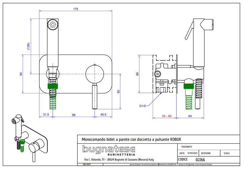 Technical Drawing for Bugnatese, Kobuk ,Fal alatti bidet csaptelep zuhanyszettell - Fürdő - 2266