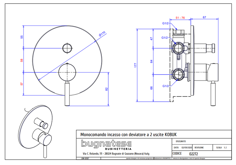Technical Drawing for Bugnatese, KobukFal alatti váltós zuhanycsaptelep - Fürdő - 2272