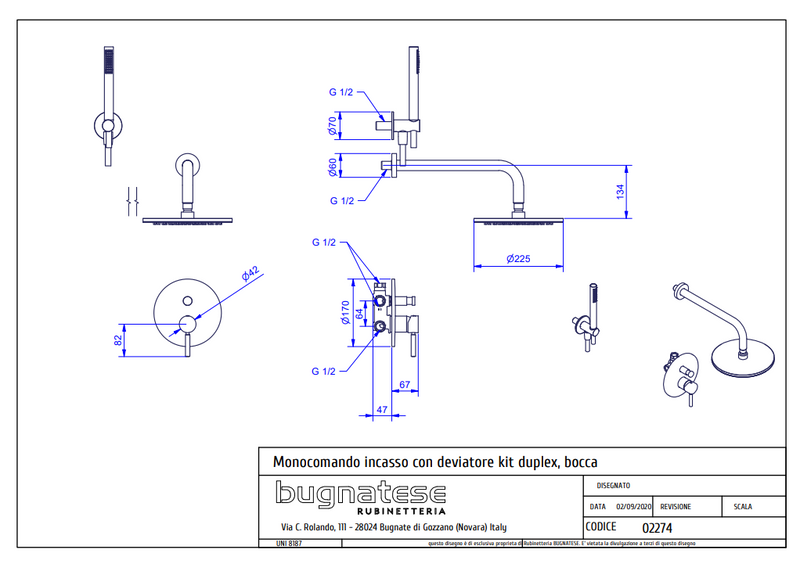 Technical Drawing for Bugnatese, Kobuk Fal alatti zuhanycsaptelep kézizuhannyal és esőztetőfejjel – Fürdő – 2274